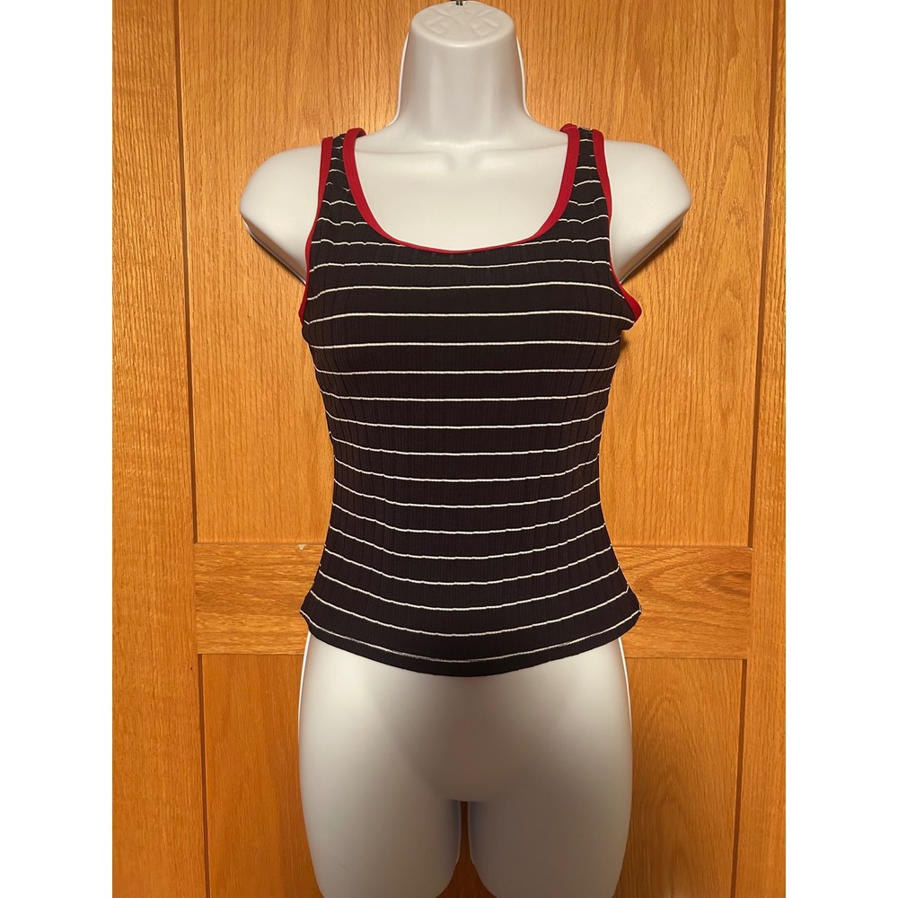 Vintage Y2K Sporty Navy Blue White Striped Ribbed Tank Top Red Trim Womens XS/S